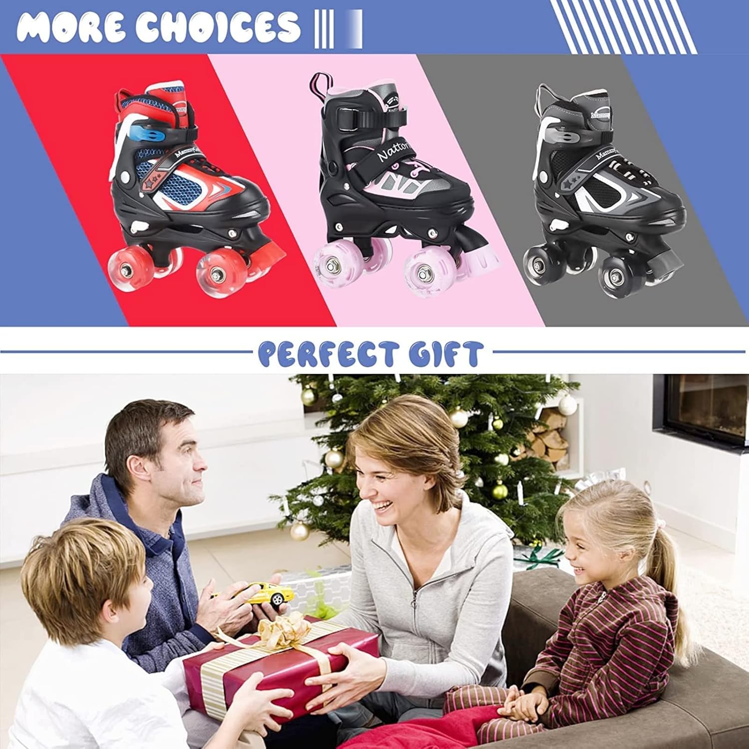 Nattork – Patines de ruedas para niños y niñas, 4 tamaños, patines ajustables con ruedas iluminadas, divertidos patines para niños pequeños,