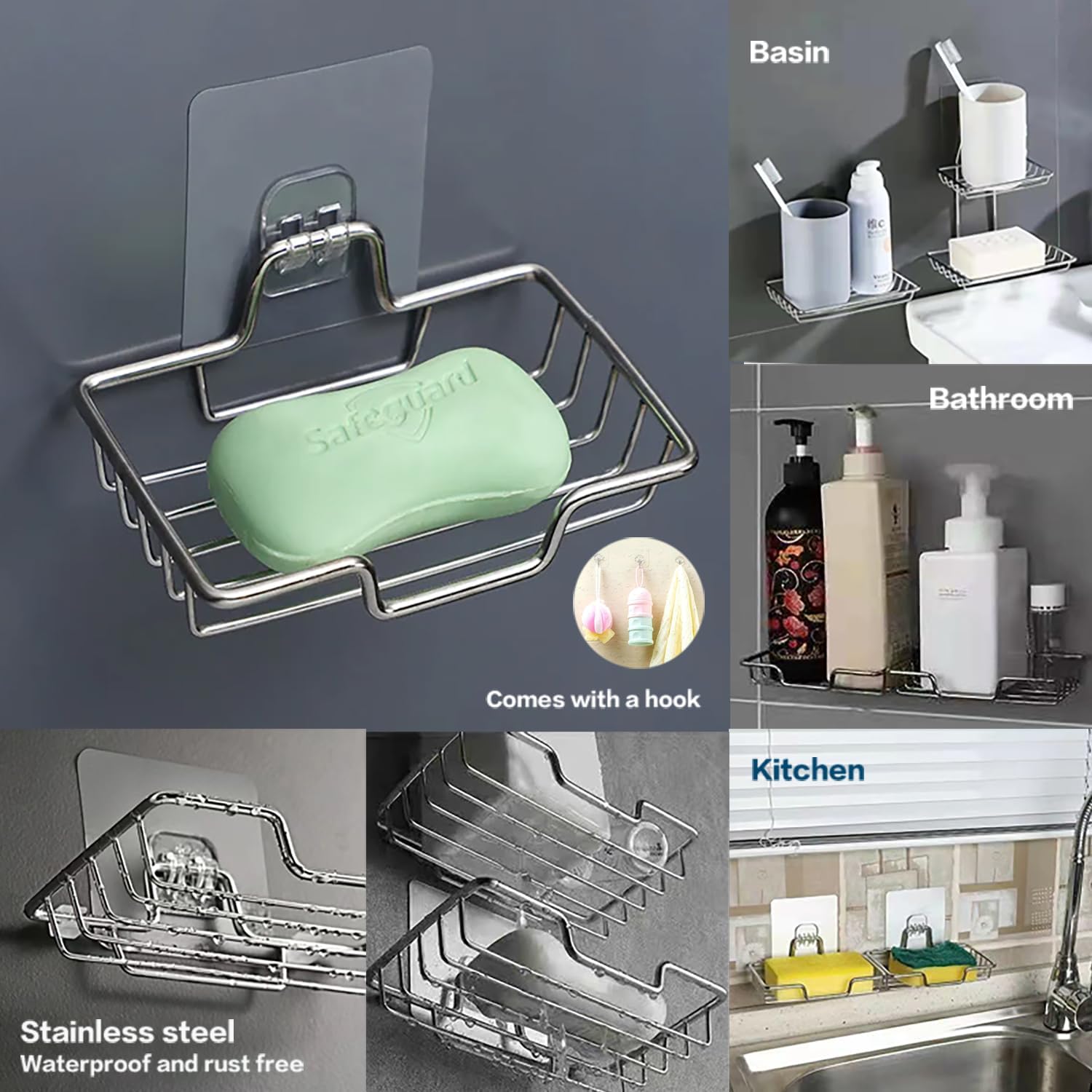 Soporte de jabón de barra montado en la pared, soporte de jabón para ducha, jabonera de metal de acero inoxidable para baño y cocina, bandeja de