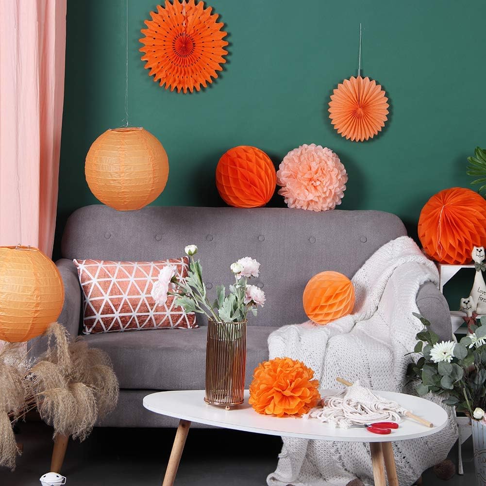 SUNBEAUTY Juego de 6 pompones naranjas para decoración de cumpleaños, abanicos de papel, decoración de fiesta naranja