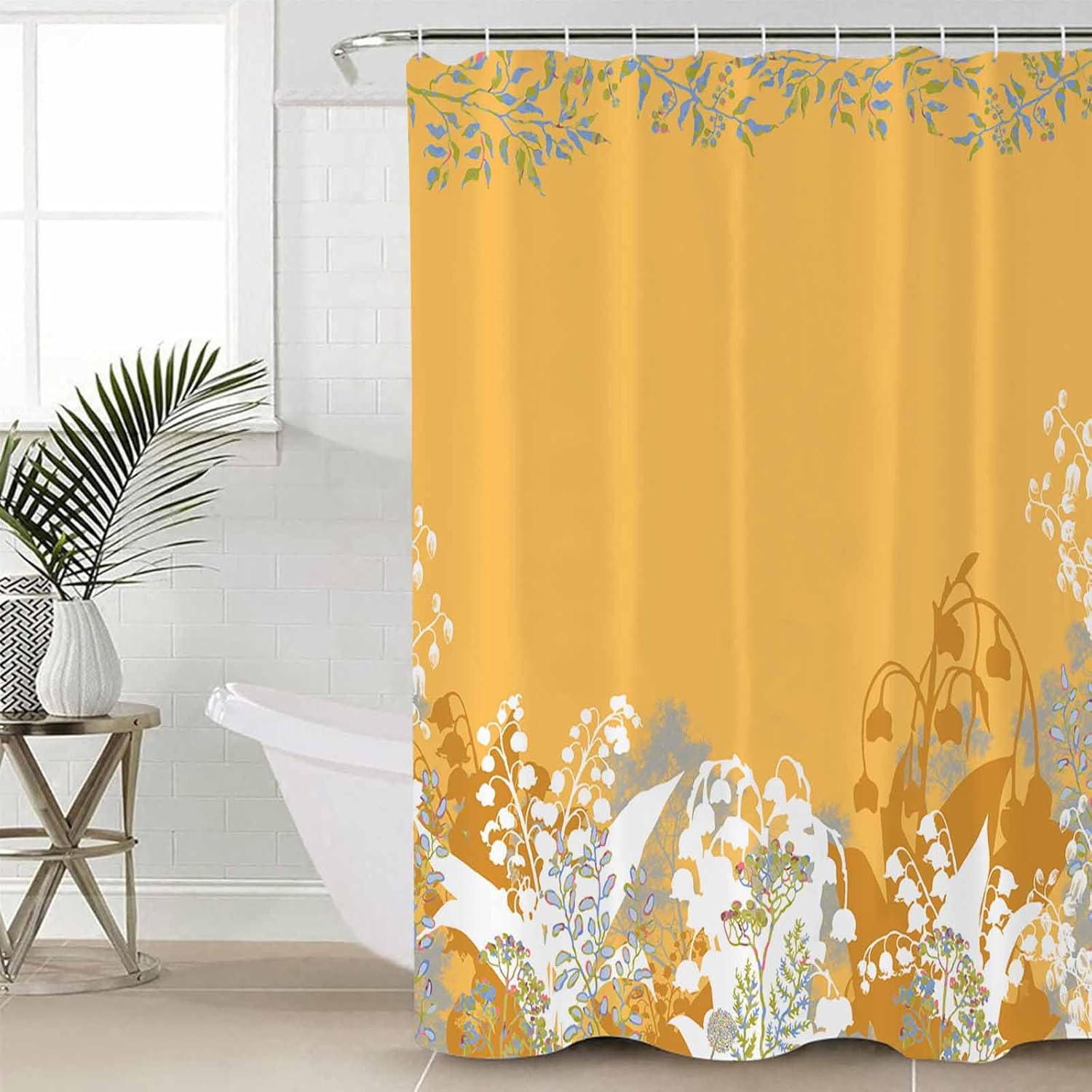 Shower Curtain Waterproof Shower Curtain for Bathroom,Bathtub,Shower, Orange Yellow Flower Floral Plant Beige Shower Curtain Set with Hooks for Home