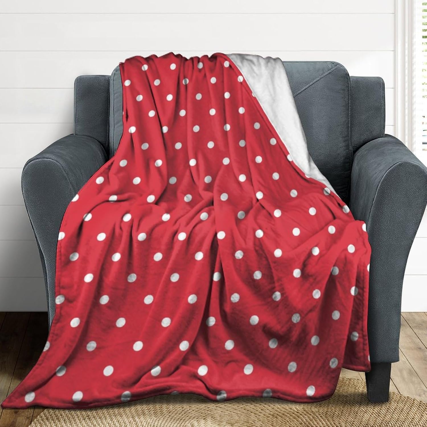 Manta de felpa de lunares rojo y blanco, suave y acogedora, manta de franela para todas las estaciones, para sofá, cama, 50 x 60 pulgadas