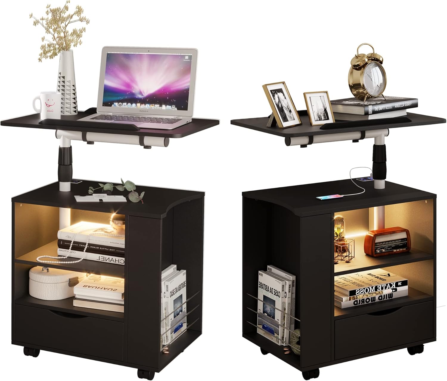 dnbss Juego de 2 mesitas de noche LED, mesa de noche moderna, mesita de noche inteligente con estación de carga USB, cajón de almacenamiento,