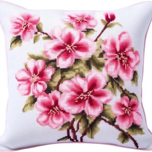 Kit de ganchos de pestillo Funda de almohada Cojín de lona con estampado de flores de cerezo en flor rosada, hilo de ganchillo, costura, kit de Kit de ganchos de pestillo Funda de almohada Cojín de lona con estampado de flores de cerezo en flor rosada, hilo de ganchillo, costura, kit de