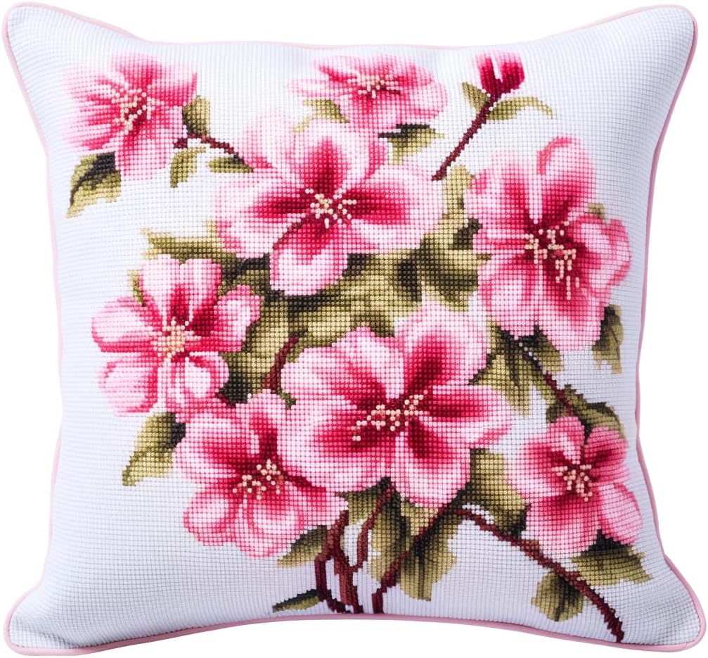 Kit de ganchos de pestillo Funda de almohada Cojín de lona con estampado de flores de cerezo en flor rosada, hilo de ganchillo, costura, kit de