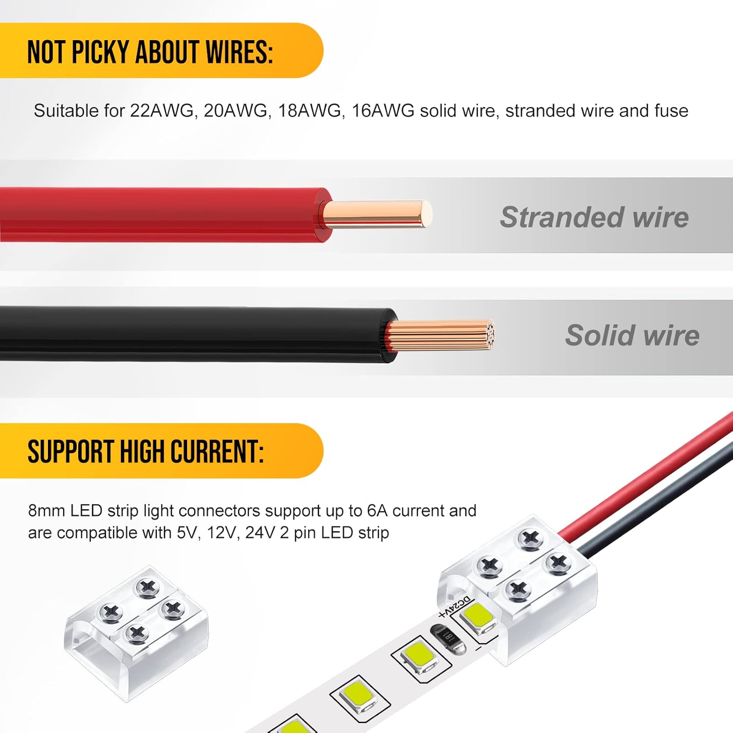 Conector de cinta LED de 2 pines de 0.394 in sin soldadura, conector de tira LED de rosca a cable, conector de bloque de terminales para 5 V, 12 V,