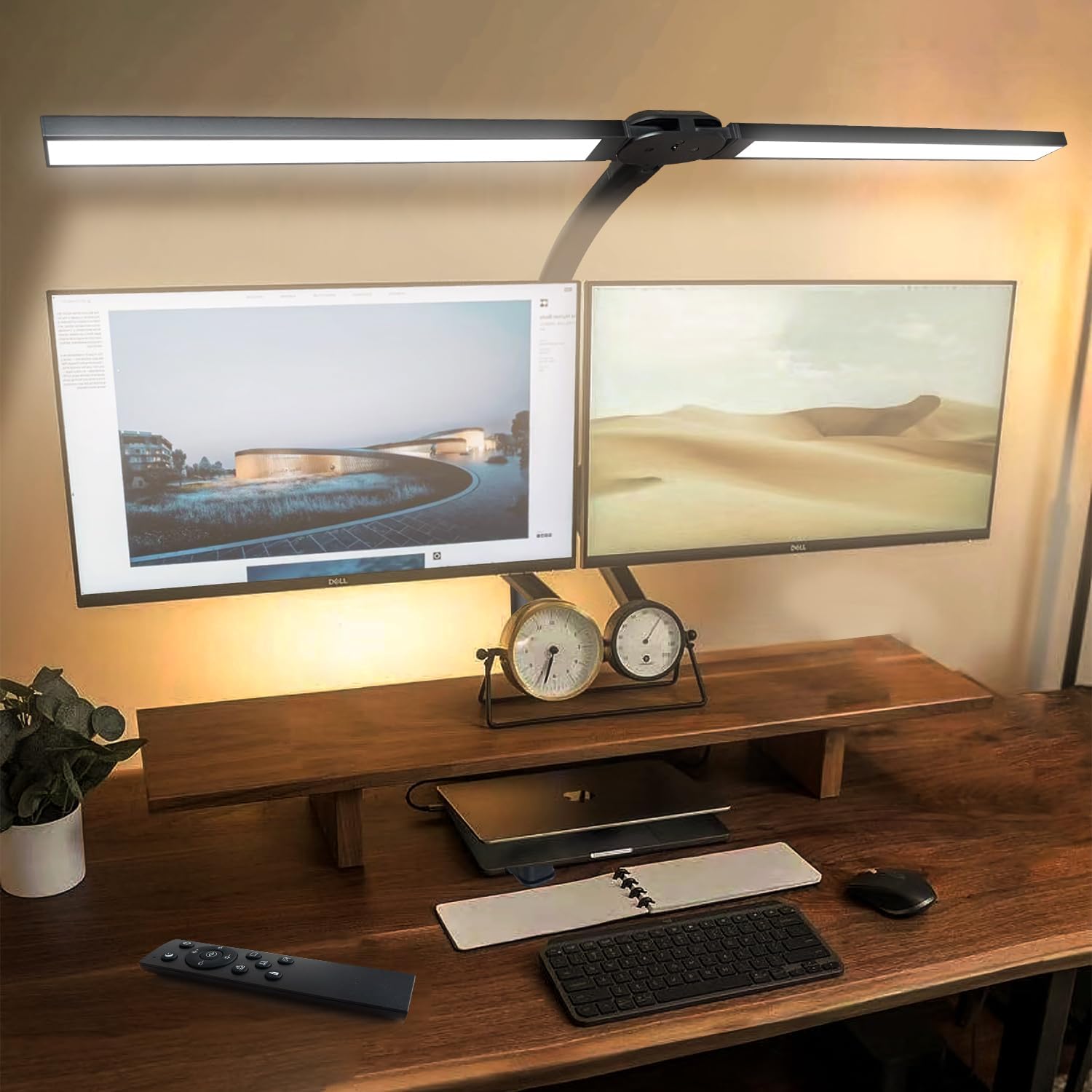 yiluhuanxiao Lámpara de escritorio LED para oficina y hogar, lámpara de doble cabezal con abrazadera con control remoto, cuidado de los ojos, cuello