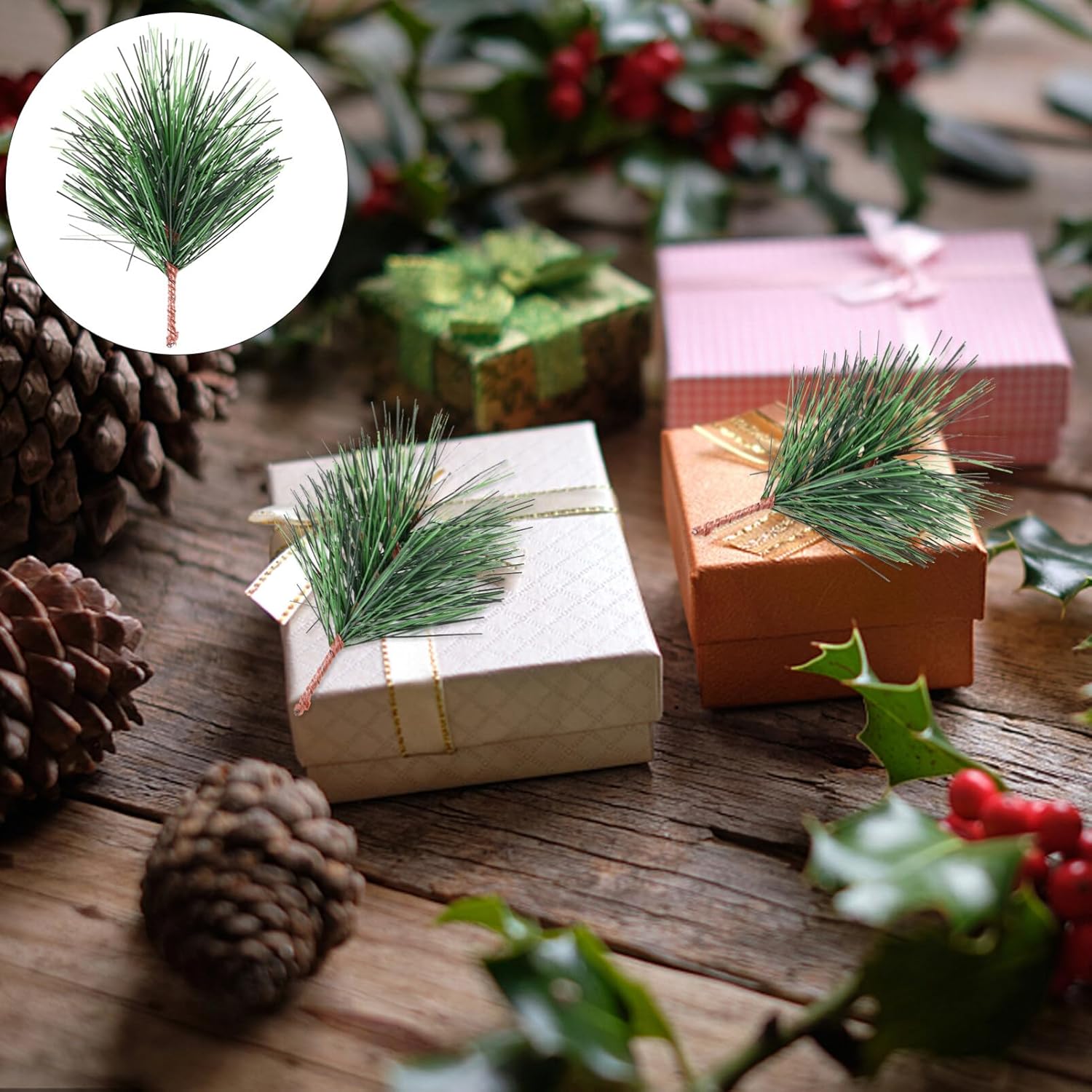 Ciieeo 24 piezas de agujas de pino artificiales, ramas de Navidad, picas de pino de vegetación falsa, ramitas de ciprés para manualidades,