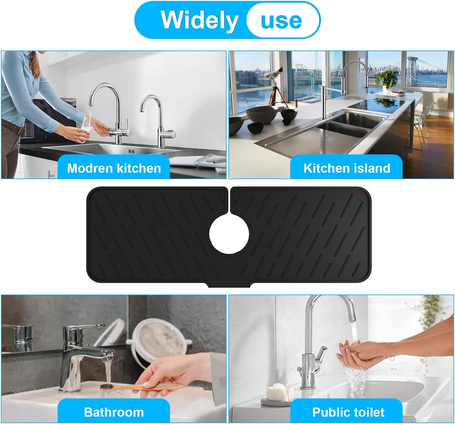 Protector de salpicaduras de silicona para grifo, tapete de recogedor de agua de 18 x 6.3 pulgadas, alfombrilla de silicona más larga, bandeja