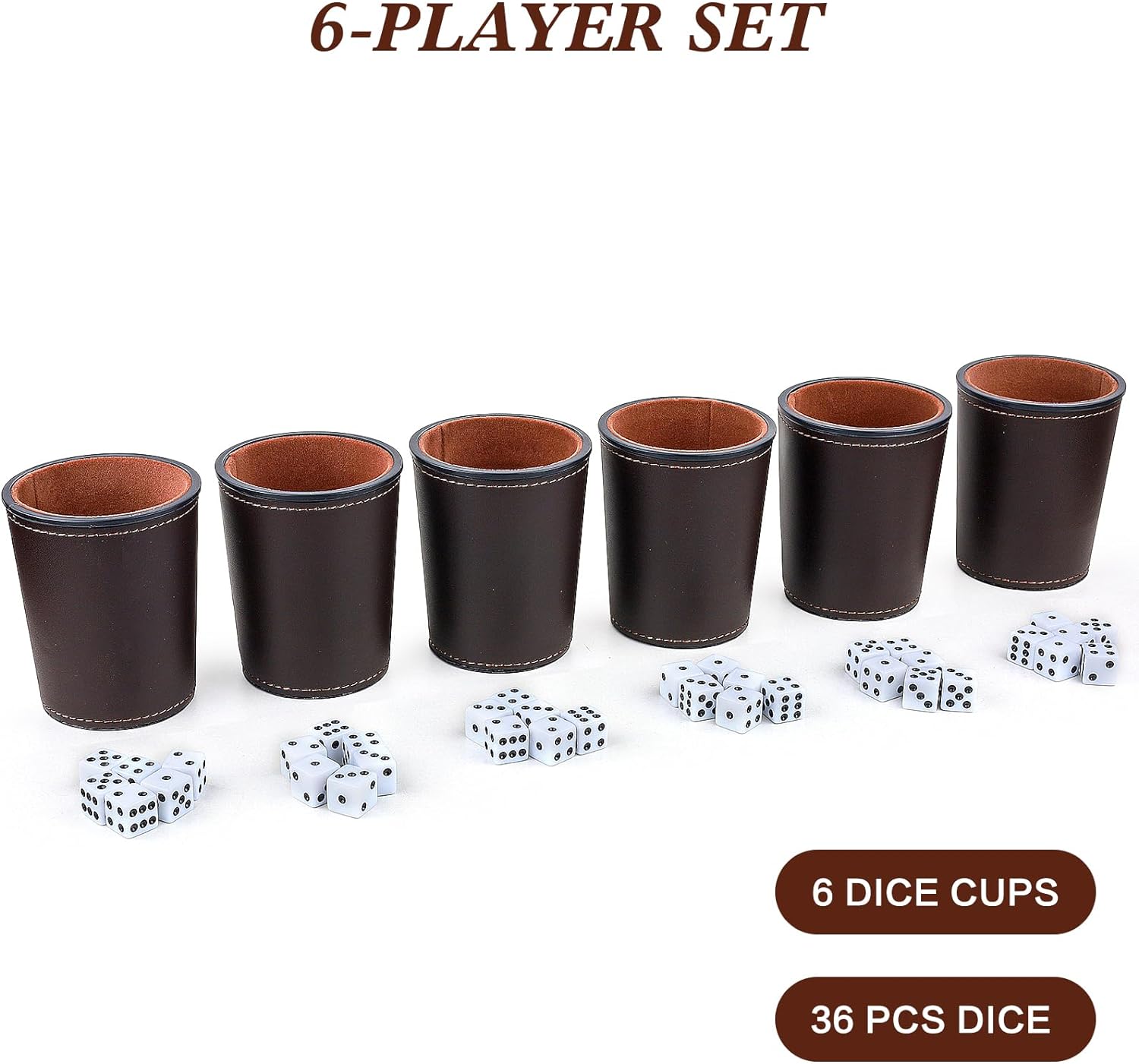 RERIVER Juego de dados de piel sintética con forro de fieltro, 6 tazas silenciosas con 36 dados para juegos de dados Yahtzee Farkle, café