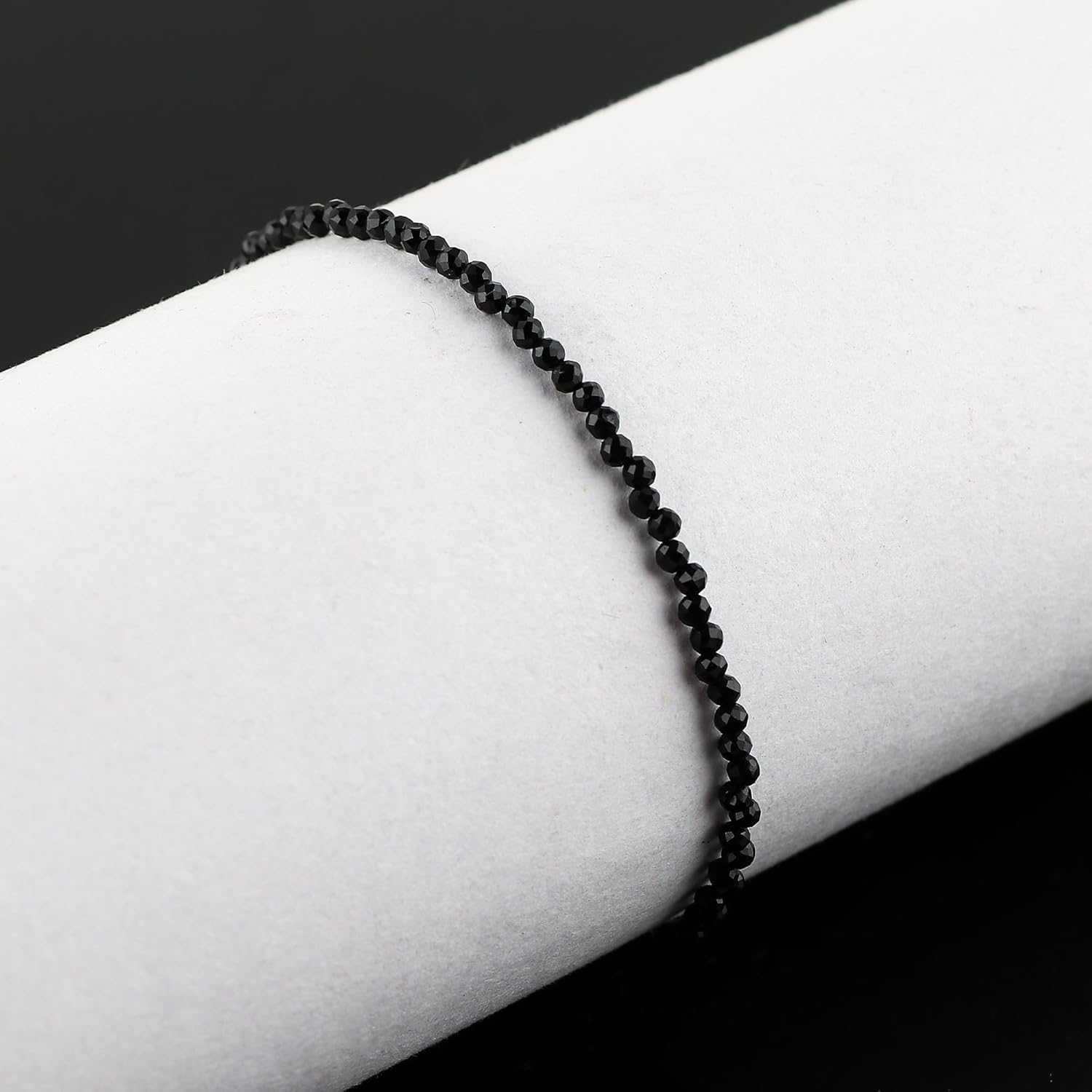 Natural Black Tourmaline Beads Bracelet Micro Faceted Gemstones Jewelry For Her, Birthstone Energy Healing Crystals, Silver Plated Chain 8 inch