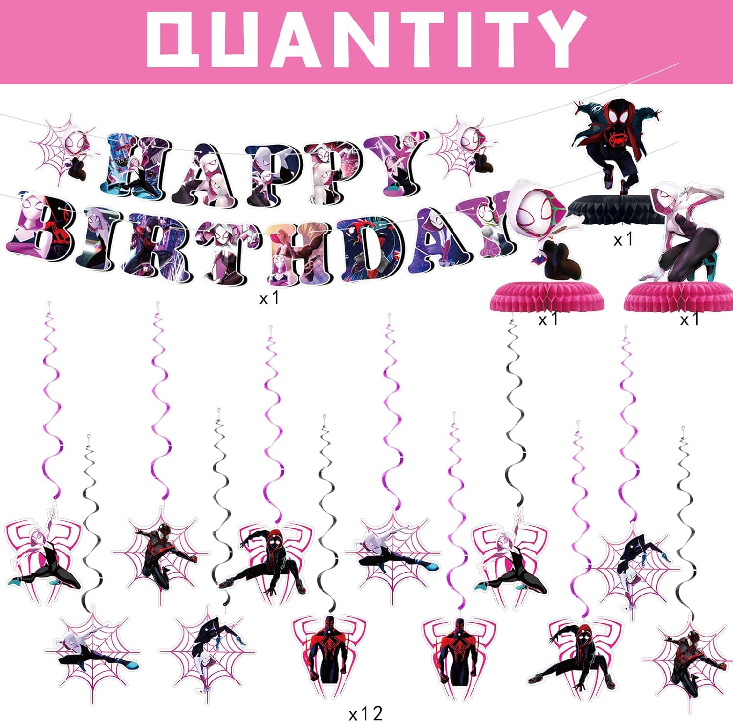 Suministros para fiesta de cumpleaños de araña fantasma, suministros de fiesta de Miles Morales, incluye pancartas de feliz cumpleaños, remolinos