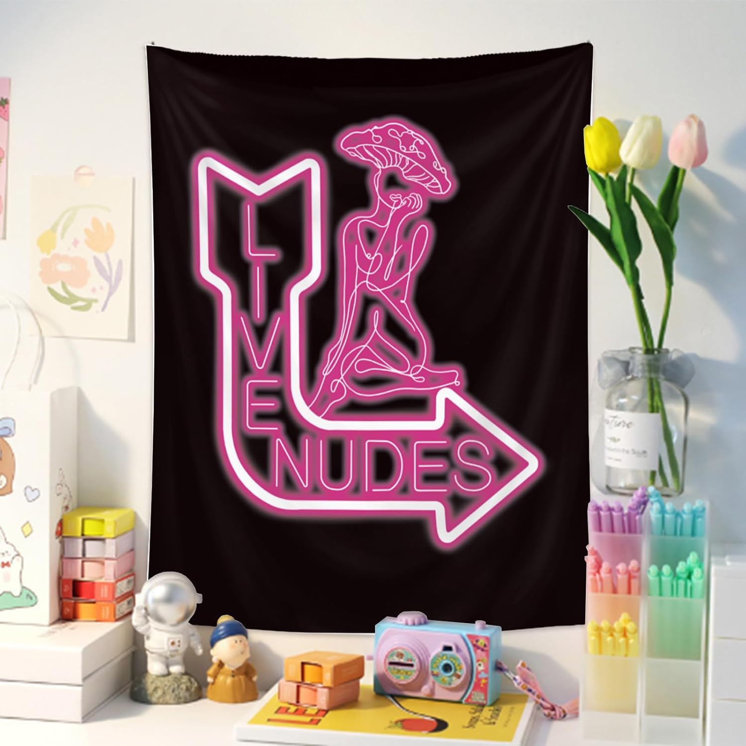Tapiz con luz de neón para colgar en la pared, tapiz de hongos con luz negra, reactivo a los rayos UV, tapiz sexy, tapiz vertical rosa neón para