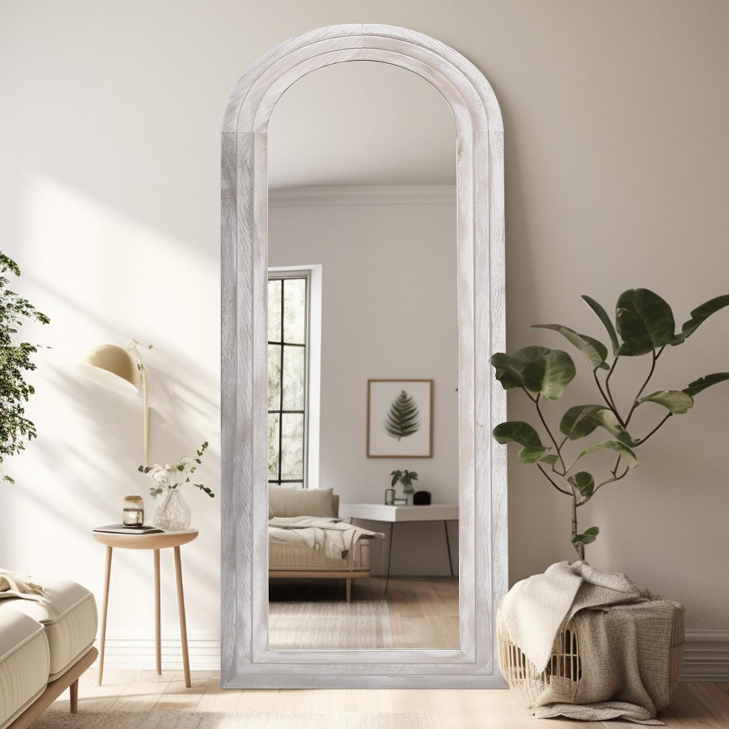 ZHUNFA Espejo arqueado de longitud completa con marco de madera maciza, espejo de pared de granja de 65 x 22 pulgadas, con soporte, para colgar