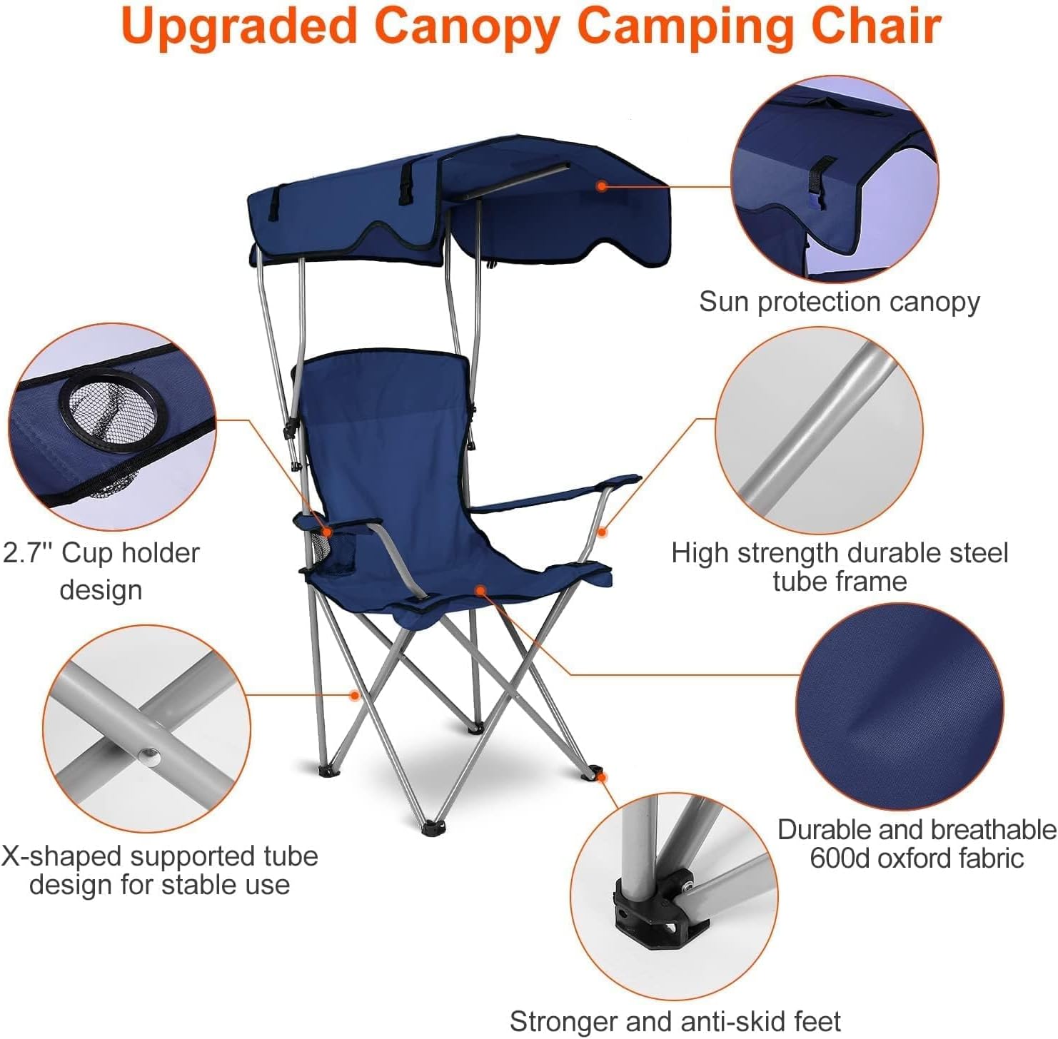 Silla de camping con toldo, silla plegable para exteriores con parasol ajustable UPF 50+ y soporte para tazas, reclinable portátil para campamento,