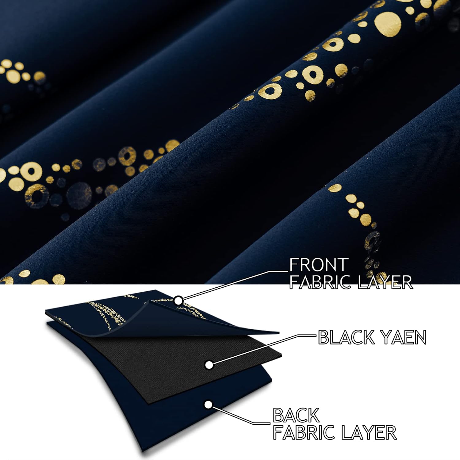 Yakamok Cortinas opacas de 84 pulgadas de largo para sala de estar, con aislamiento térmico, patrón de líneas onduladas doradas, patrón de puntos,
