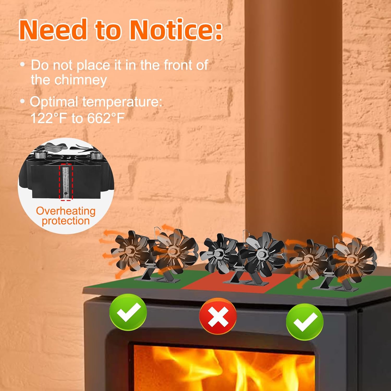 Ventilador de estufa de leña con motores duales alimentados por calor, ventiladores de estufa de 14 aspas, ventilador de chimenea con termómetro