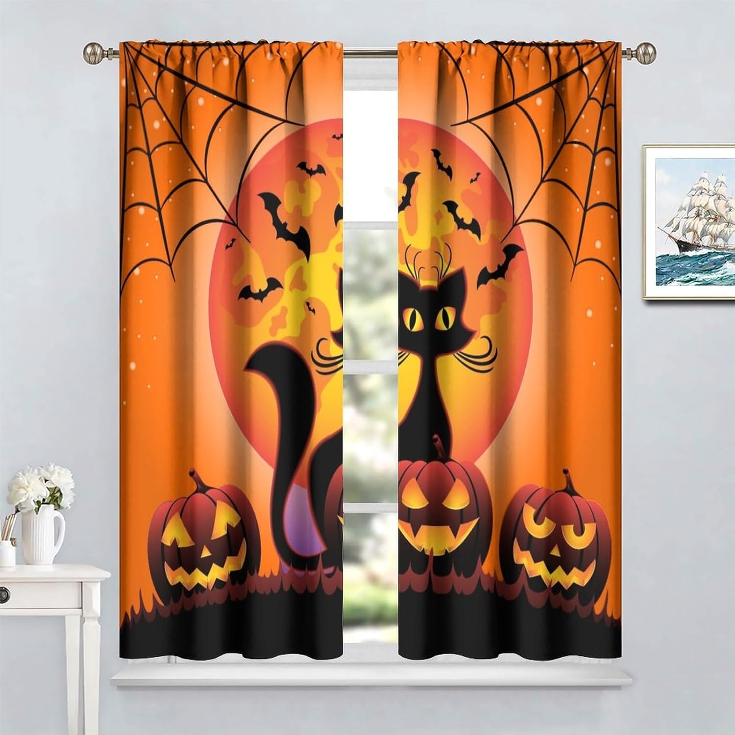 Cortinas de Halloween con diseño de gato negro, murciélagos góticos, araña, terror, fantasma, naranja, luna llena, noche de feliz Halloween,