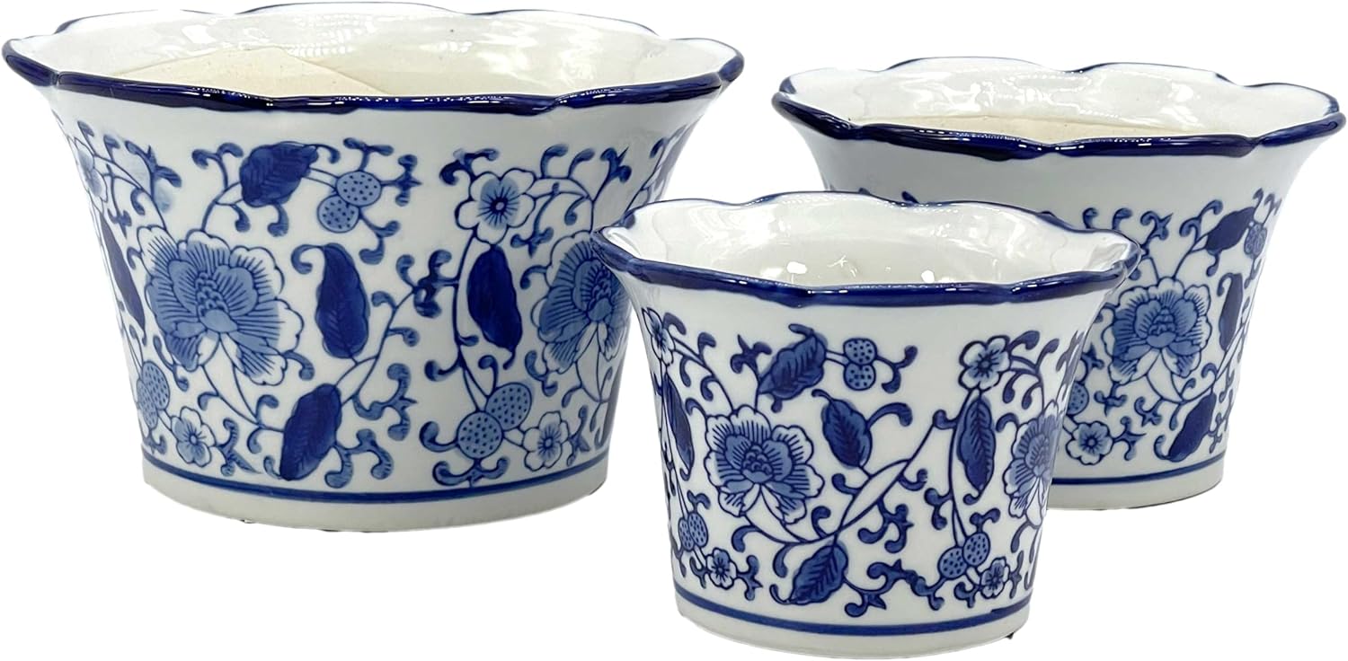 Galt International Maceta decorativa de cerámica de porcelana floral azul y blanca de 8 pulgadas, 6 pulgadas4.5 pulgadas, diseño chino asiático,