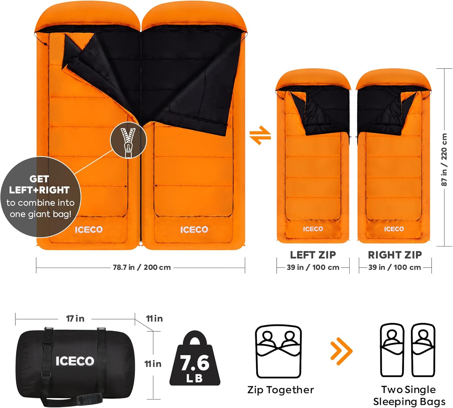 ICECO Sacos de dormir para adultos para clima frío, saco de dormir extra grande para campamento, saco de dormir XL grande y alto, ideal para hombres