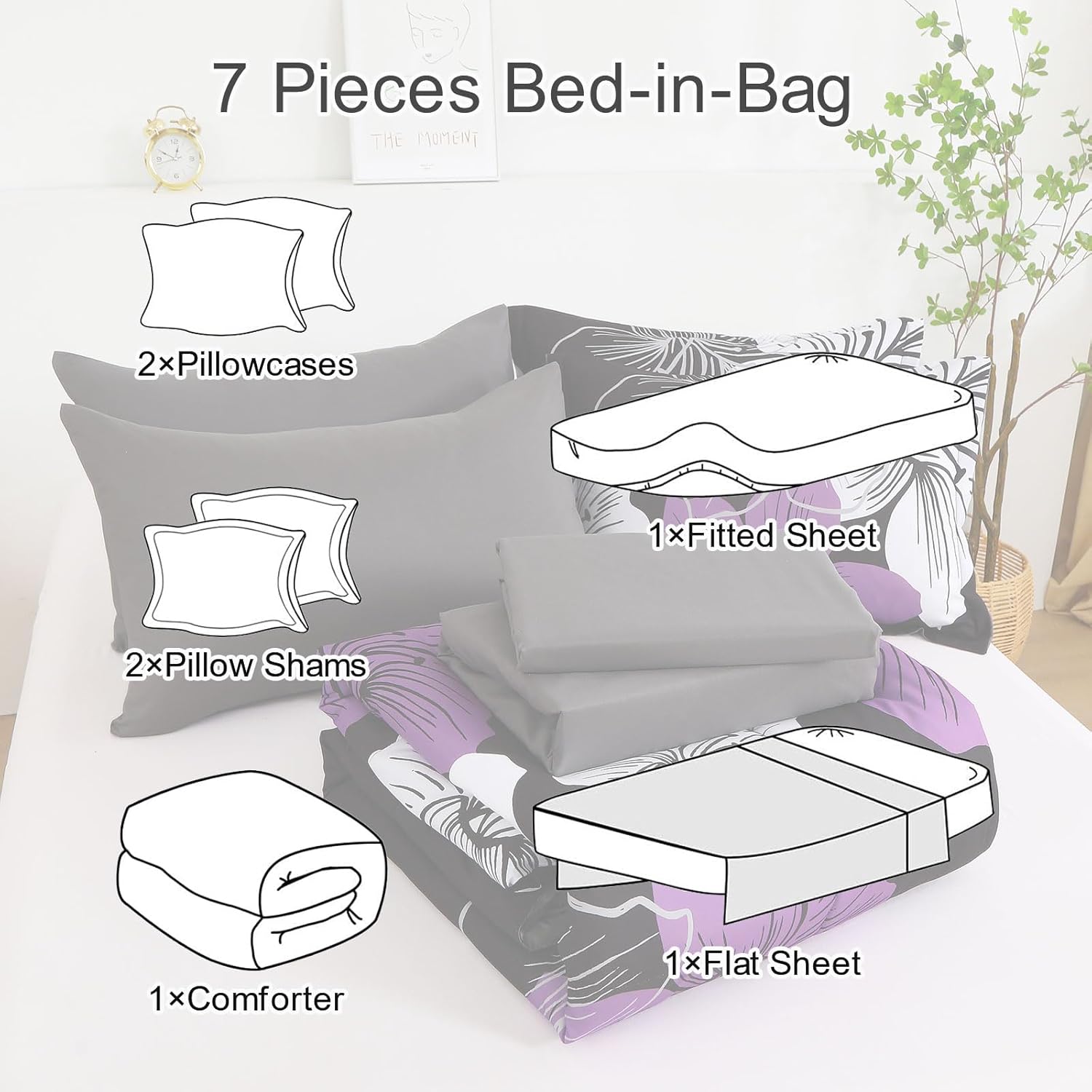 Luxudecor Juego de edredón floral tamaño Queen, 7 piezas de cama en una bolsa, juego de edredón floral morado y sábanas, juegos de cama completos de