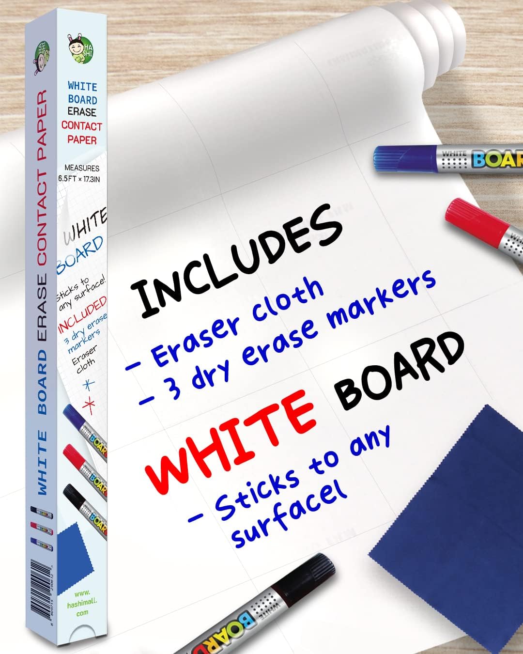 Rollo de hojas adhesivas blancas para pared, de 18 x 78 pulgadas (6.5 pies), incluye 3 marcadores de borrado en seco, papel para tablón de anuncios,