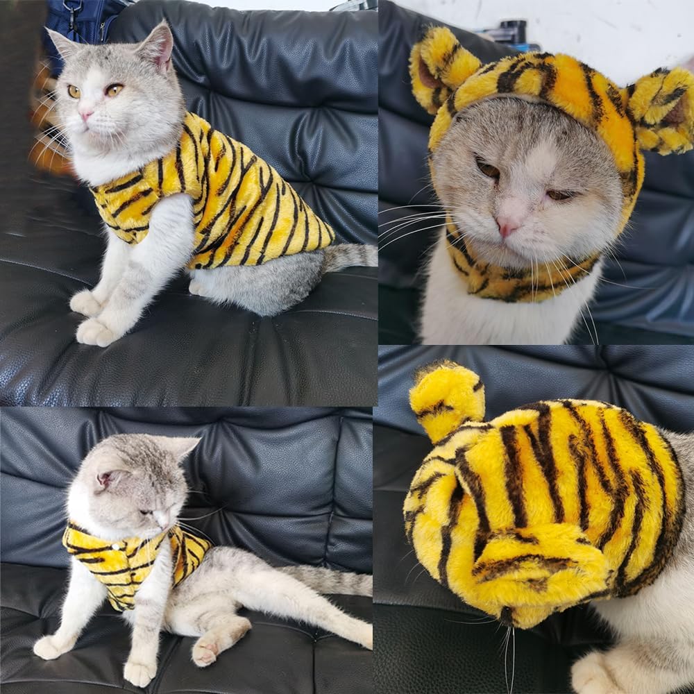 Disfraz de tigre para perro pequeño para Halloween y mascotas, ropa de cosplay de vellón cálido con capucha para perro, chaqueta de invierno y gato