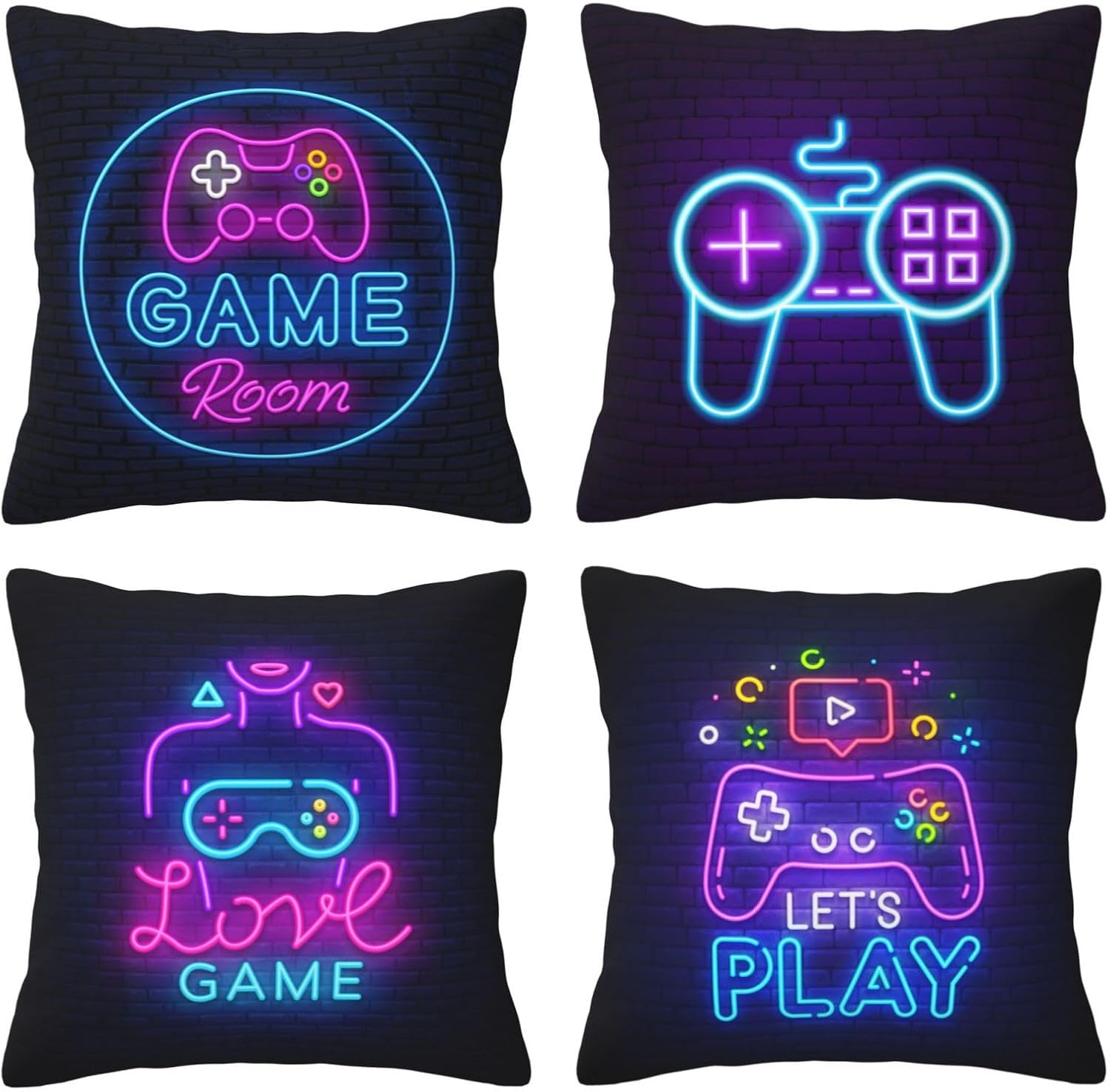 Juego de 4 fundas de almohada cuadradas de 18 x 18 pulgadas con signo de neón para videojuegos, decoración del hogar, sofá, silla, automóvil para