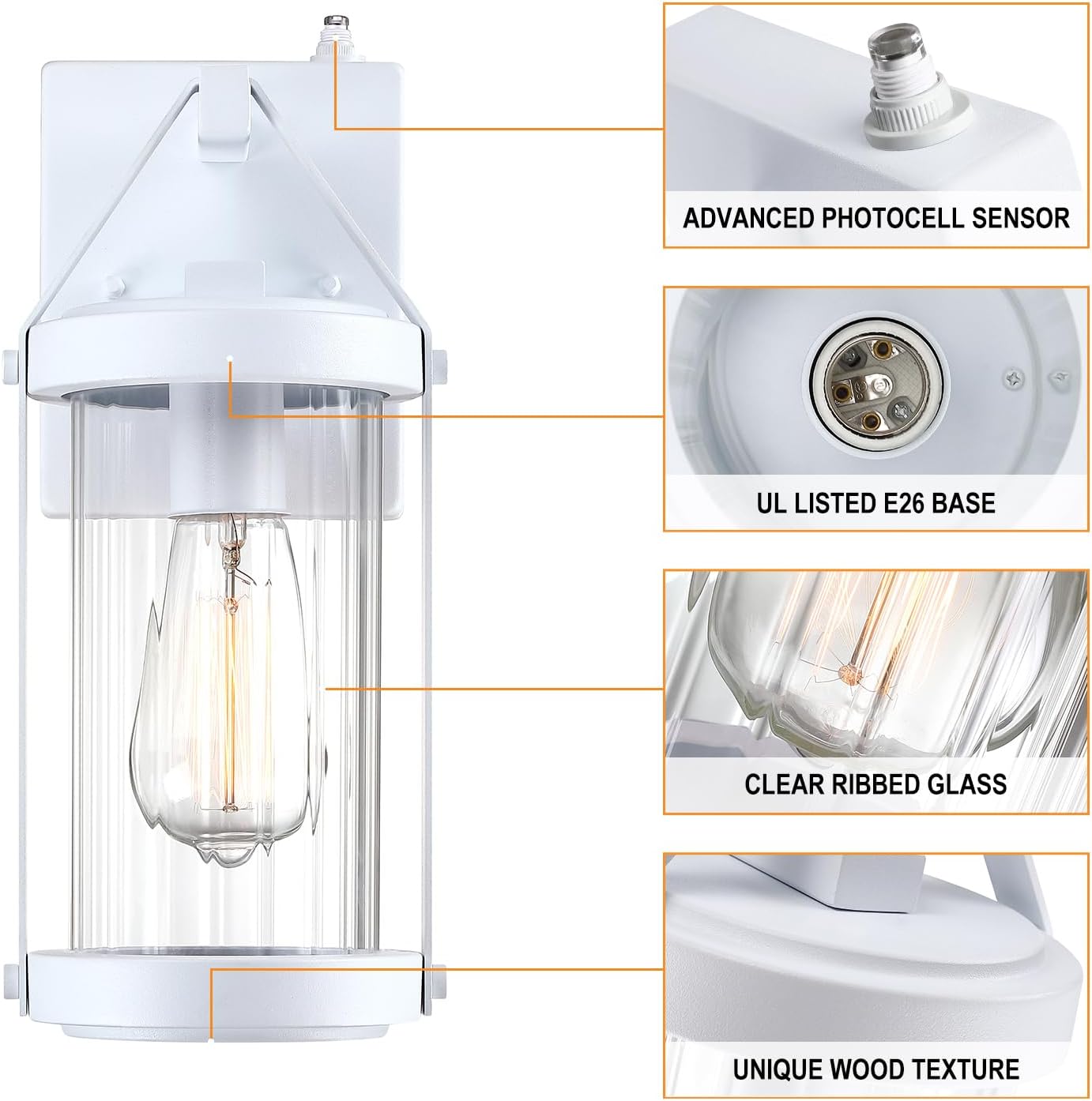 LONEDRUID Paquete de 2 lámparas de pared para exteriores, con sensor de anochecer a amanecer, lámpara de pared blanca para exteriores, farolillos