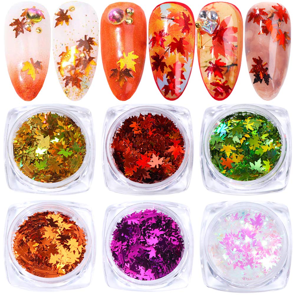 6 colores de otoño uñas arte calcomanías 3D hojas de arce lentejuelas otoño brillo uñas suministro hoja de arce diseño pegatinas de uñas acrílico