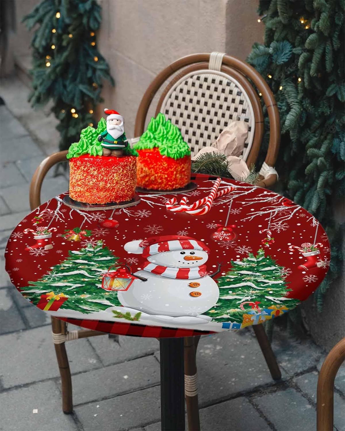 Mantel redondo ajustable con diseño de muñeco de nieve de dibujos animados para mesas de comedor, mantel con bordes elásticos, árboles de Navidad de
