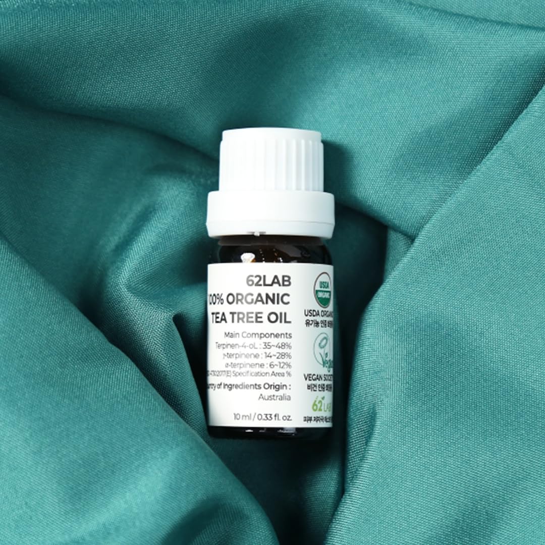 62LAB Aceite de árbol de té 100% orgánico, suero facial vegano para sebo, piel sensible al acné, hoja de árbol de té australiano orgánica 100%
