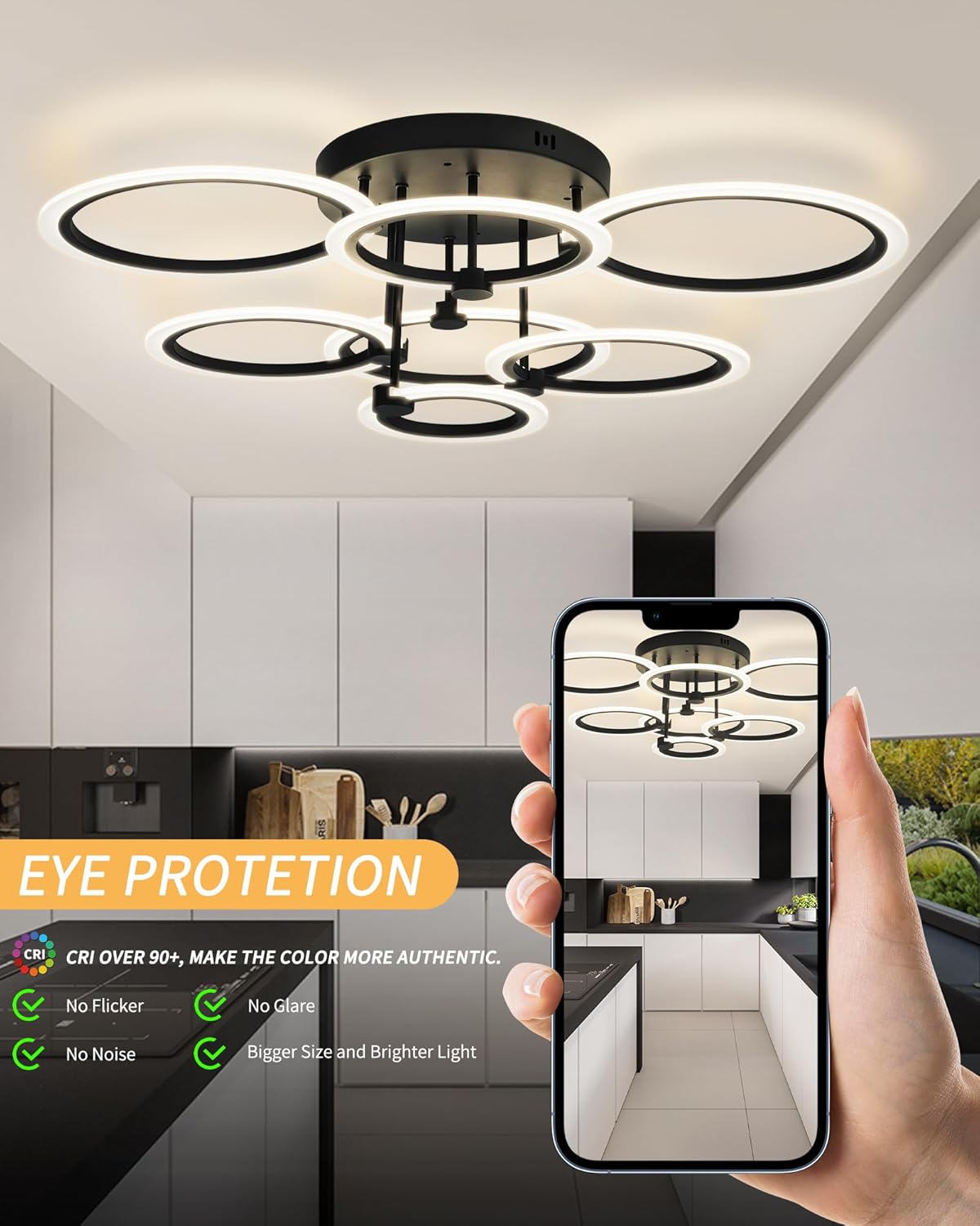 Lámpara de techo LED moderna de 7 anillos regulables con control remoto negro cerca de la luz de techo de 31.8 pulgadas, 130 W, 3000 K-6500 K,