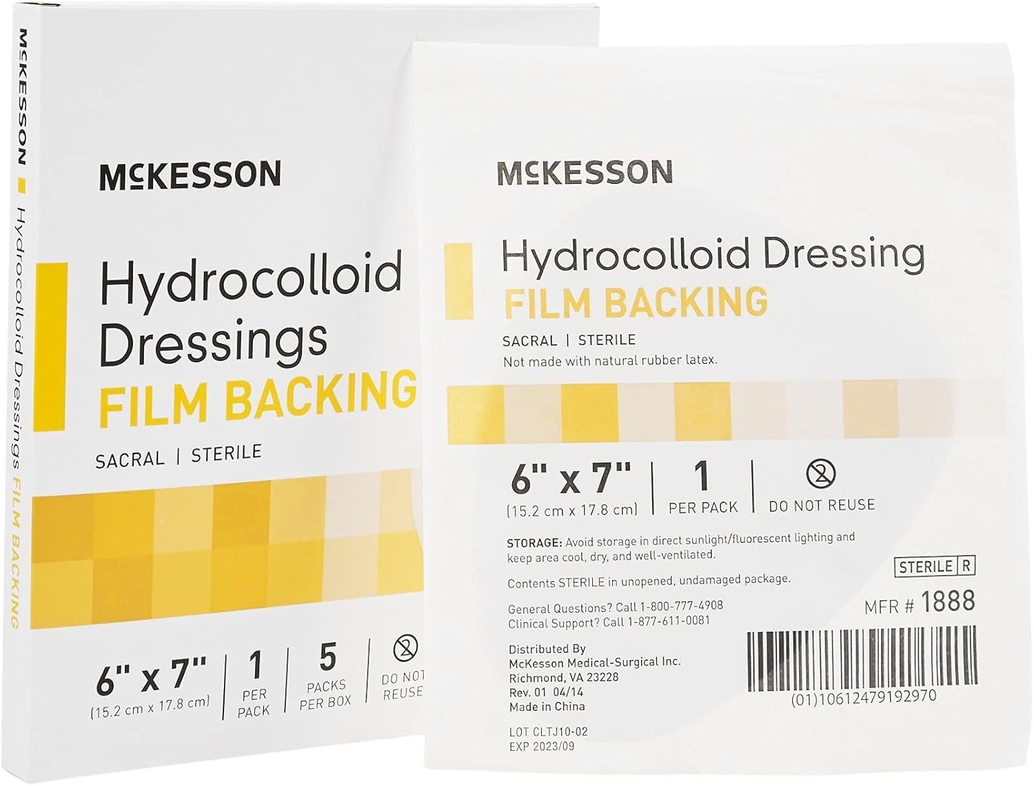 McKesson Apósito hidrocoloide, estéril, sacro, respaldo de película, 6 in x 7 in, 5 unidades, 1 paquete