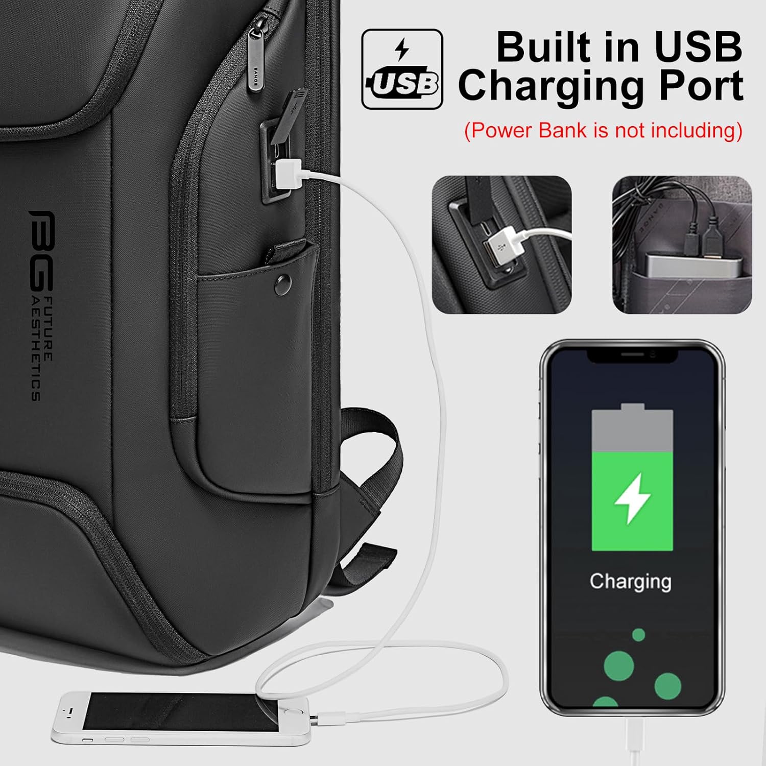 Mochila para computadora portátil para hombres 20L Bolsa de negocios 17.3 “Bolsa de computadora con puerto de carga USB, Gris, Computadora portátil