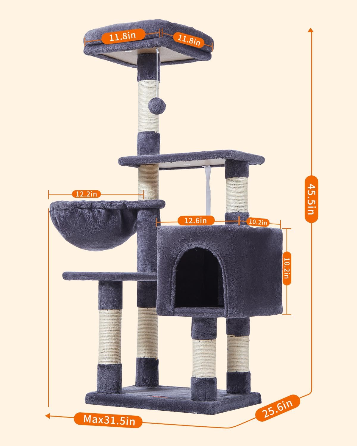 Árbol para gatos, torre para gatos de 44.5 pulgadas para gatos de interior, condominio para gatos de varios niveles con 7 postes rascadores, perca,