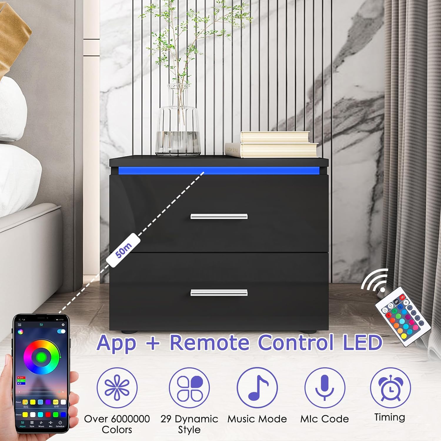 HOMMPA Mesita de noche pequeña con 2 cajones, mesita de noche LED negra, mesita de noche moderna con luz LED para dormitorio de niños, mesa de noche