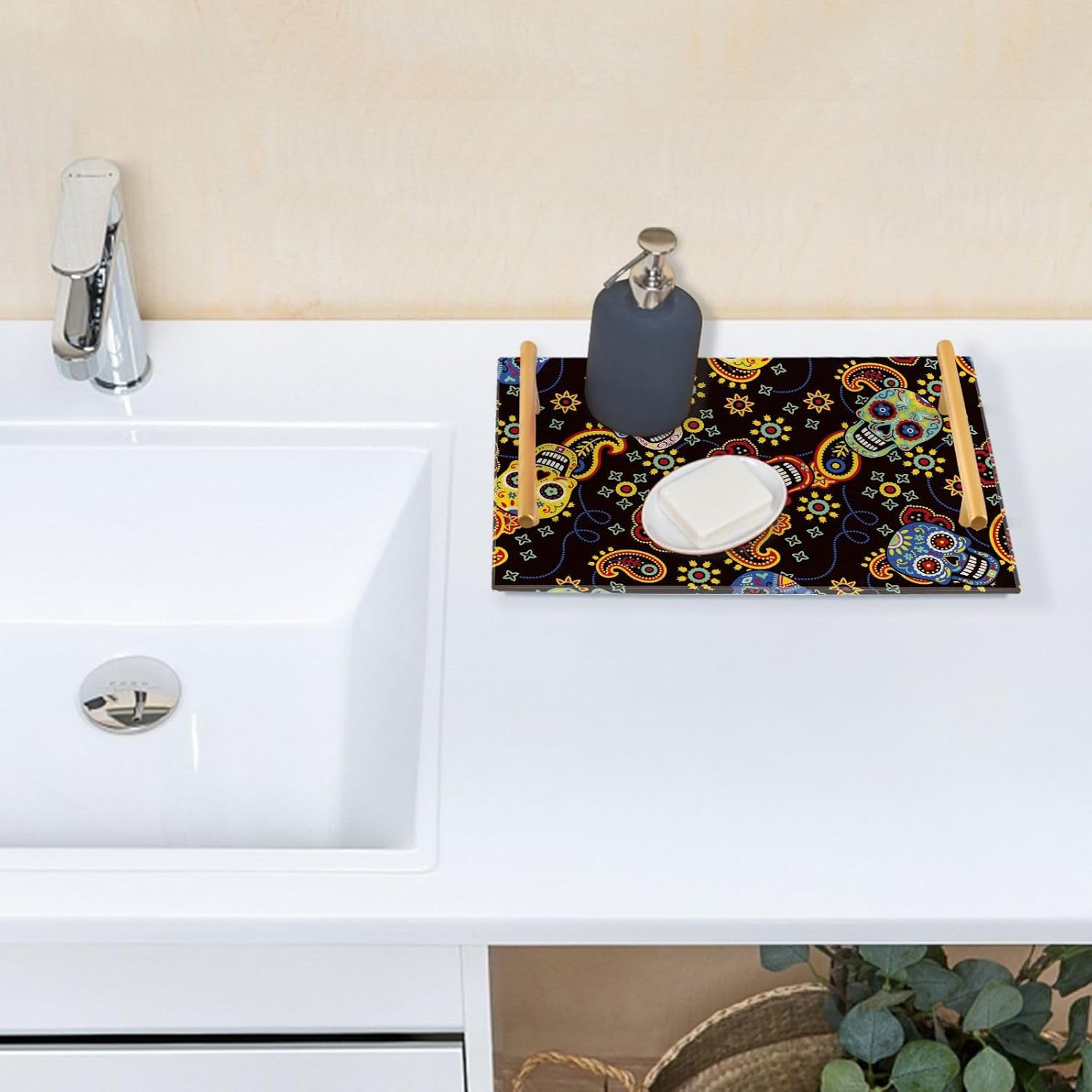 Colorful Skull Vanity Tray Rectangle Acrylic Bathroom Tray Serving Trays for Centerpieces Modern Home Decor for Kitchen Bathroom Bedroom Living Room