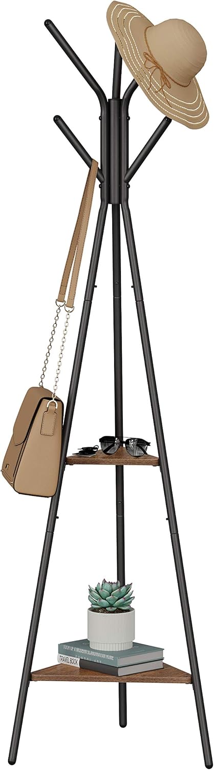 VASAGLE Perchero Independiente, Perchero Perchero, Hall Tree con 2 Estantes, para Ropa, Sombrero, Bolsa, Estilo Industrial, Marrón Avellana y Negro