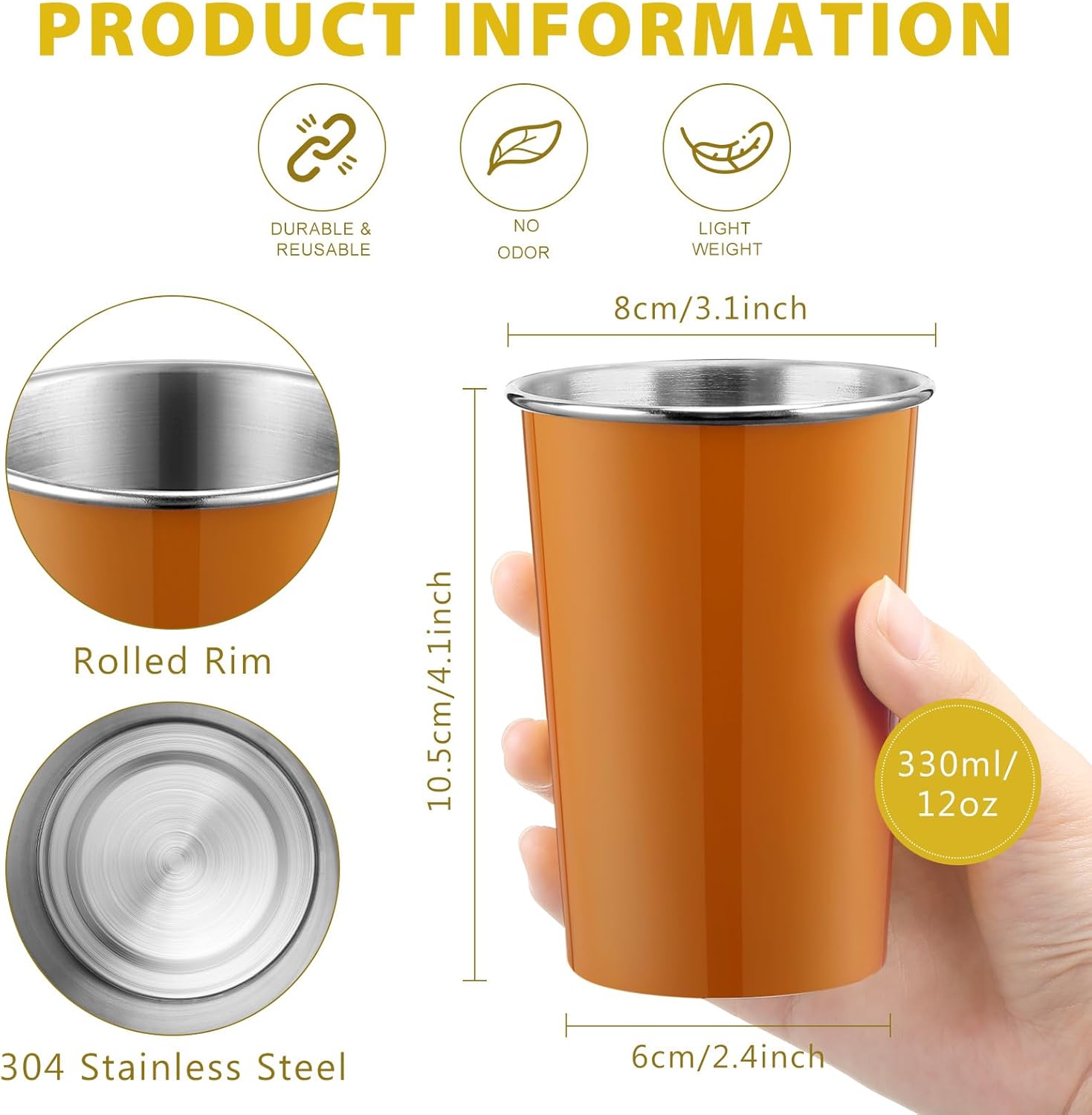 Uiifan 6 vasos de acero inoxidable de 12 onzas para fiestas, apilables, vasos de metal para niños, adultos, viajes, picnic, festivales, campamento