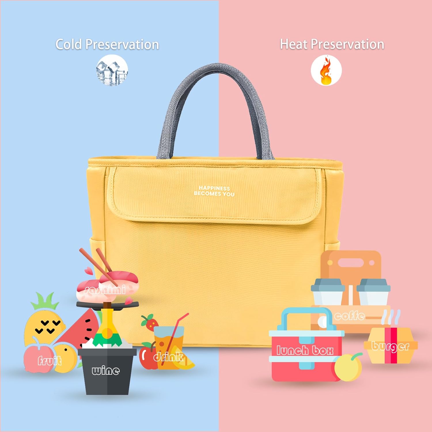 Jaiiinnoe Bolsa de almuerzo para mujer, pequeña bolsa de almuerzo para mujeres, bolsa reutilizable con aislamiento térmico para adultos (amarillo)