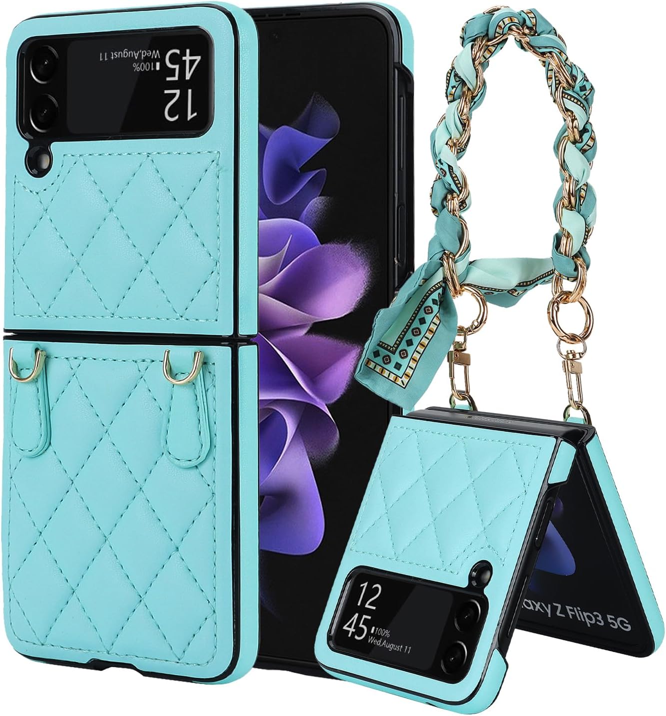 Asuwish Funda de teléfono para Samsung Galaxy Z Flip 4 5G 2022 con correa para la muñeca con cordón, delgada, de piel sintética, a prueba de golpes,