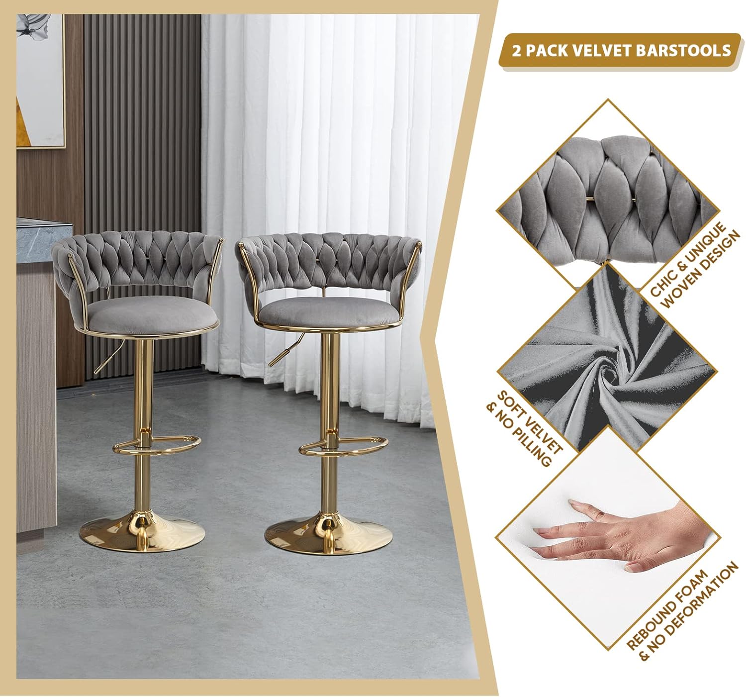 KINFFICT Juego de 2 taburetes de bar giratorios de terciopelo, taburetes de bar ajustables con respaldo tejido, sillas de comedor tapizadas,
