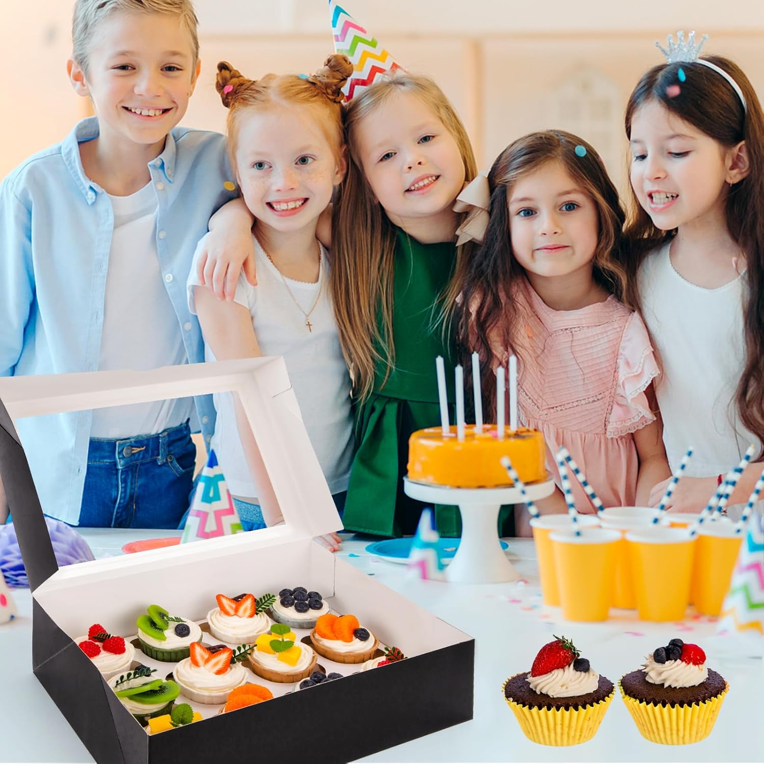 VGOODALL 6 recipientes para cupcakes con ventana, soporte negro para cupcakes con inserto de caja de pastelería, 12 unidades con capacidad para 72