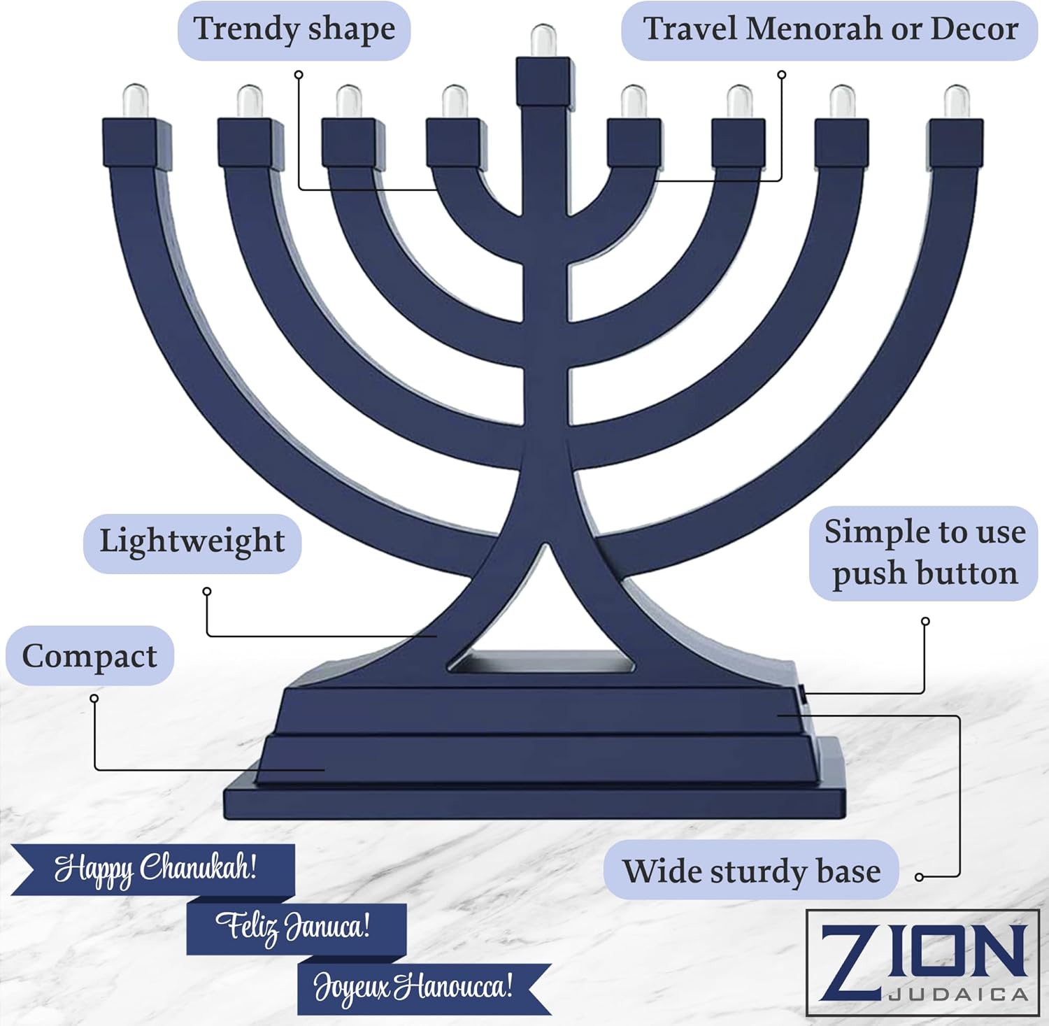 Zion Judaica – Mini LED Hanukkah Menorah con batería o funciona por USB, múltiples ajustes de luz para decoración de Janucá (azul)