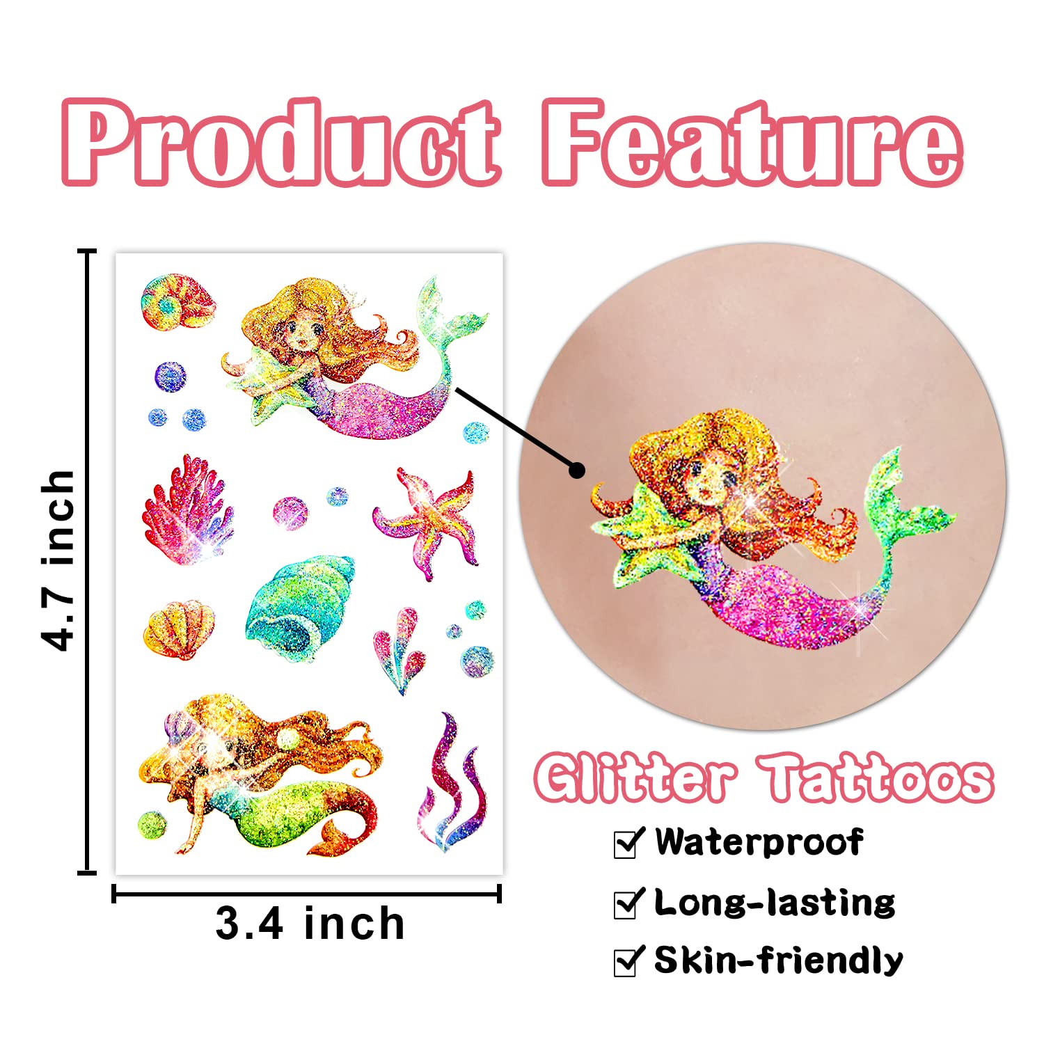 Partywind 30 hojas (315 estilos) tatuajes temporales con purpurina para niños y niñas, calcomanías de tatuaje de sirenamariposa para suministros de
