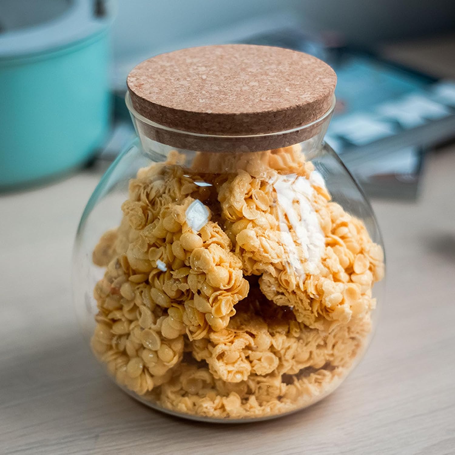 Tarro de vidrio esférico con tapa de corcho hermético, tarro de caramelo de 17 onzas, tarro de vidrio de cocina, para conservar y almacenar café,