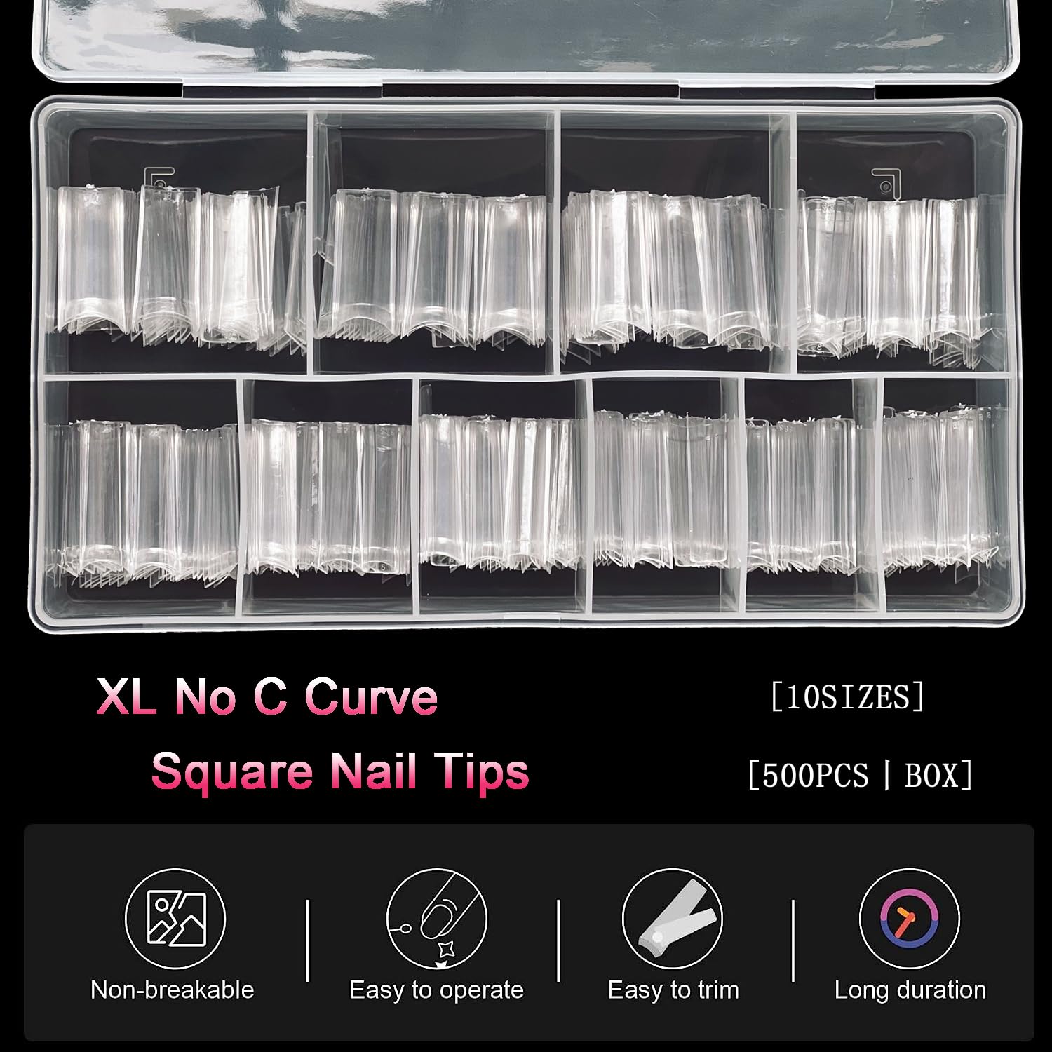 SWETIDY 500 puntas de uñas cuadradas XL sin curva C, puntas de uñas cuadradas cónicas de acrílico transparente, media cubierta, puntas de uñas