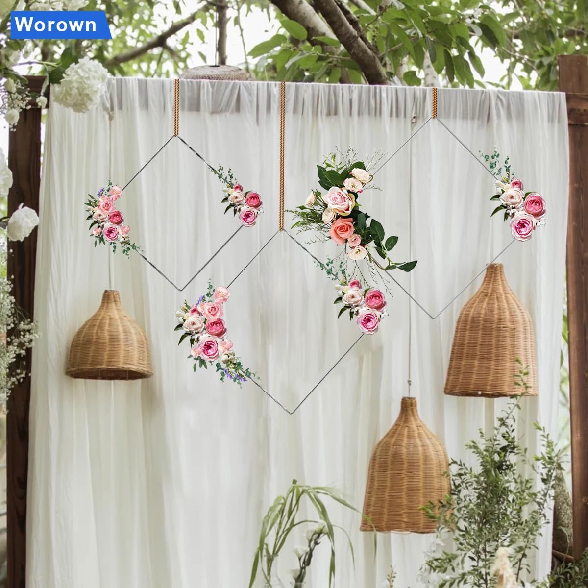 Worown Paquete de 6 coronas cuadradas de metal floral de 12 pulgadas, anillos plateados para atrapasueños para manualidades, corona de Navidad y