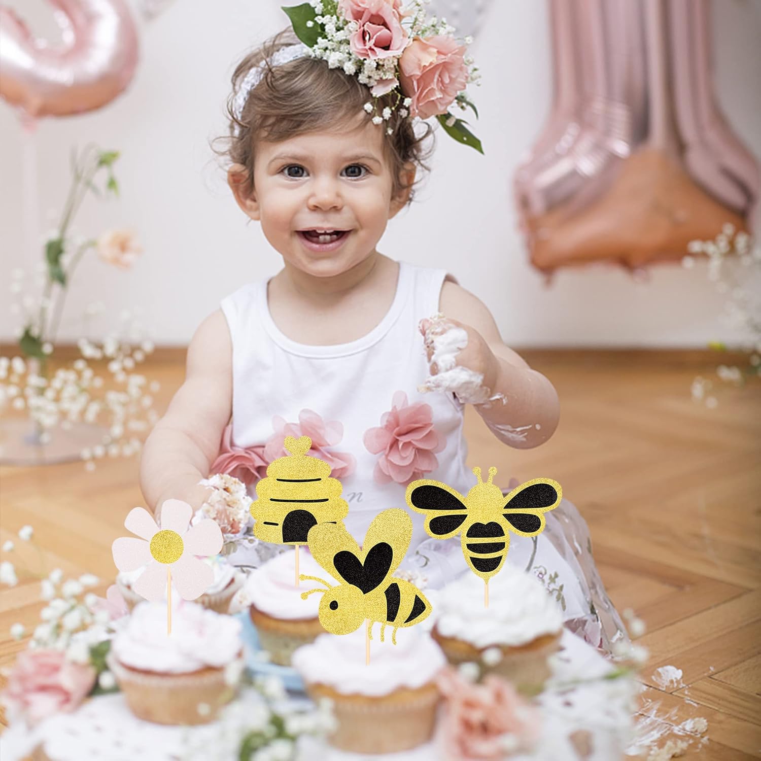 Paquete de 24 adornos para cupcakes de abejorros con purpurina de abeja, panal, panal, cupcakes, para revelación de género, baby shower, niños,