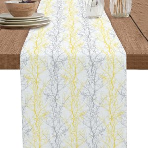 Camino de mesa amarillo y gris, 72 pulgadas de largo, rama botánica pastoral, estética, mezcla de algodón y lino, bufandas de vestir, camino de mesa Camino de mesa amarillo y gris, 72 pulgadas de largo, rama botánica pastoral, estética, mezcla de algodón y lino, bufandas de vestir, camino de mesa